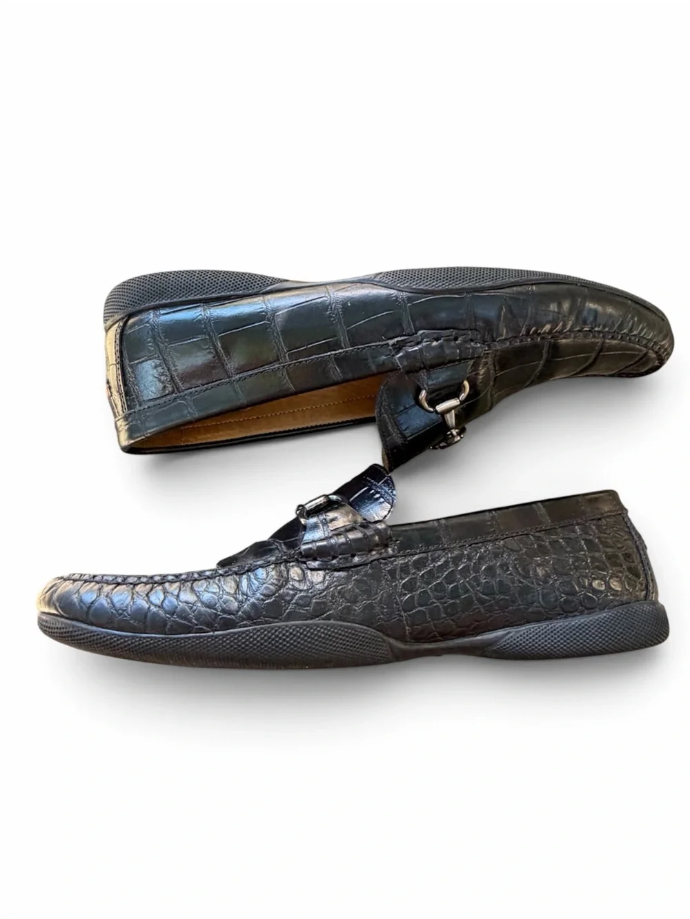 Peter Millar Crown Black Croc-Embossed HorseBit Loafers in Black Leather